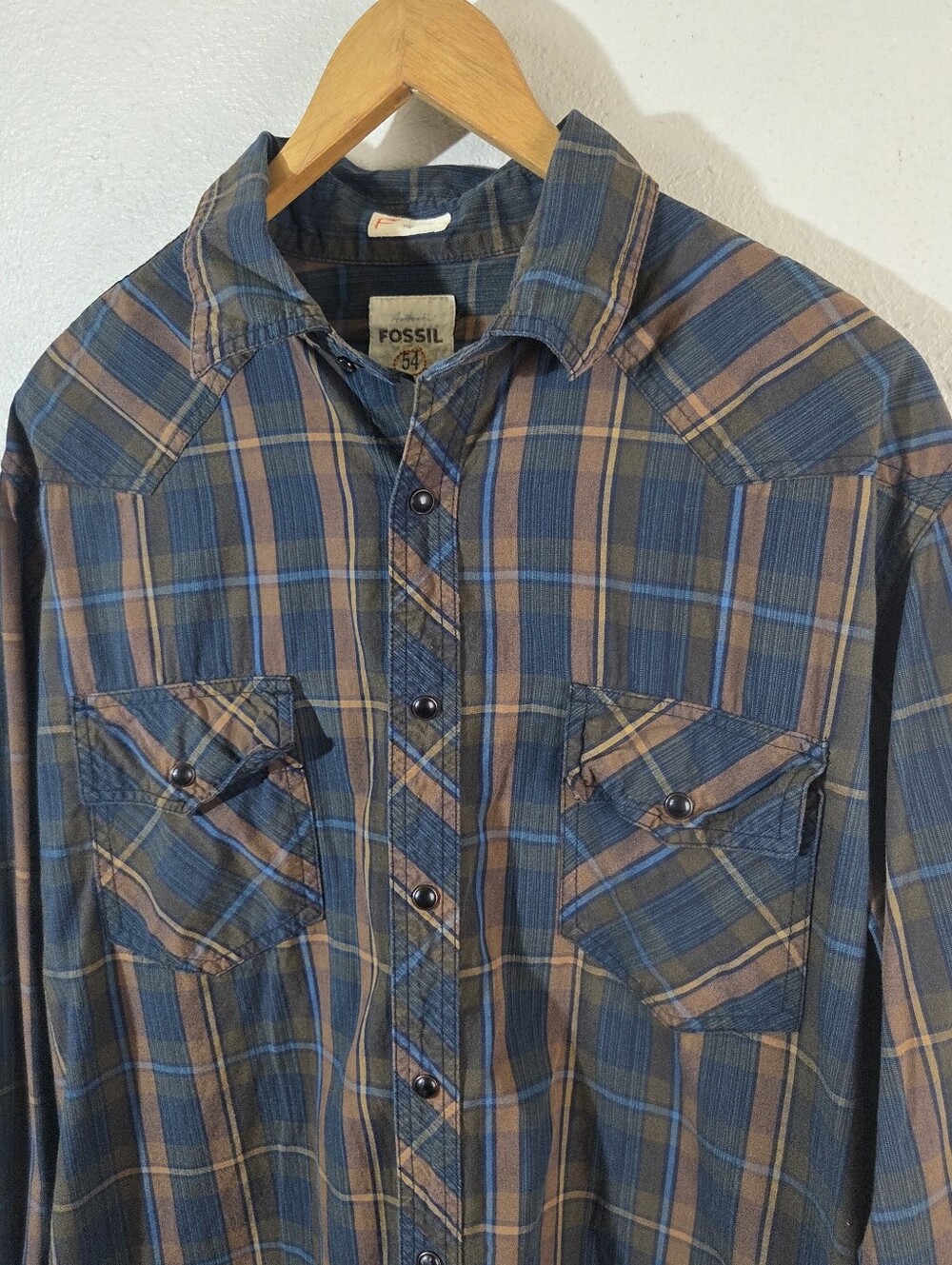 Fossil Vintage Fit Mens Xl Pearl Snap Shirt Blue Brown Plaid Western Cotton View 6